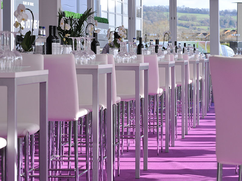 Rows of white high tables and stools set with glassware, wine bottles and potted orchids in a bright venue with purple flooring and countryside views.