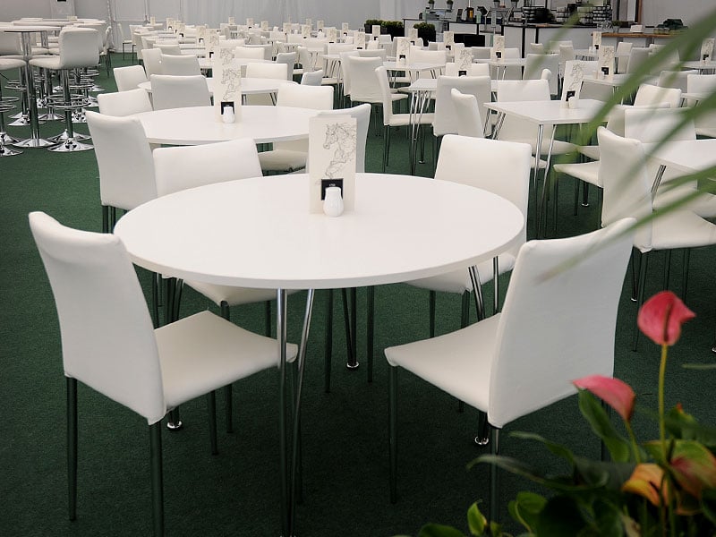 Rows of white tables and chairs arranged in a bright indoor dining area with green carpet, a service counter at the back and red flowers in the foreground.