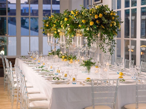 ghost chiavari chairs with white faux leather seat pads