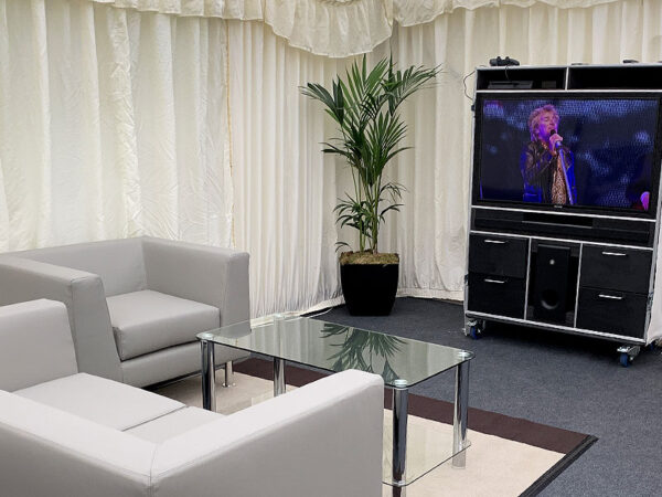 grey infiniti sofa and armchair in backstage room, with palm plant entertainment hub and two tier coffee table