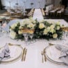 gold allure cutlery, gold patterned glassware on wedding top table