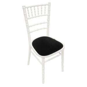 white chiavari chair with black seat pad