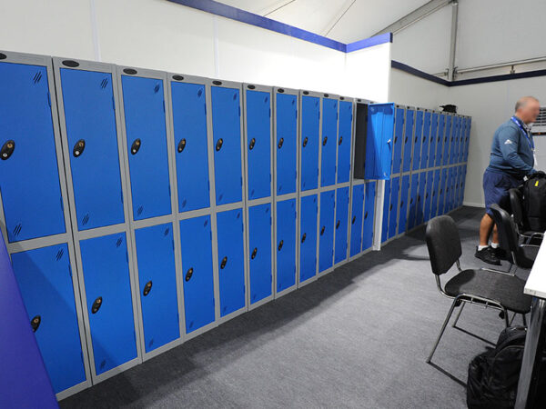 blue and grey lockers in a sports media centre