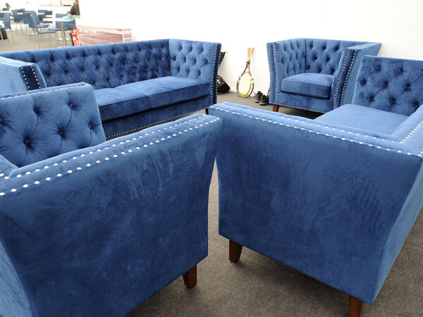15213A hire blue velour marlborough 3 seater sofa