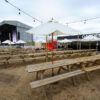 wooden picnic benches at lytham music festival