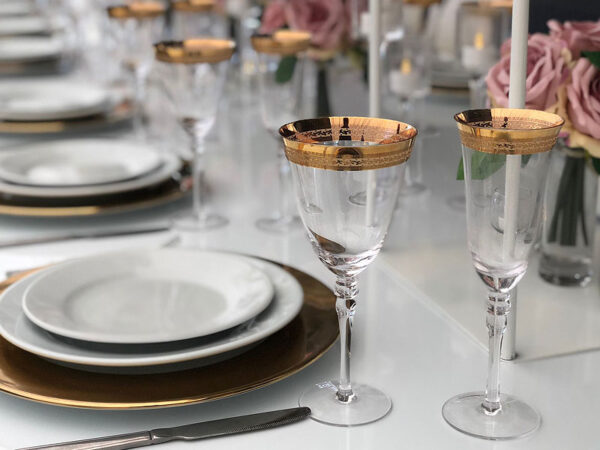 19092 Patterned Gold Rim Champagne Glass hire