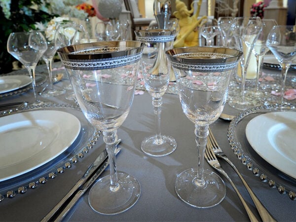 silver patterned champagne and wine glasses