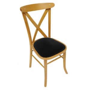 light oak cross back chair with black seat pad