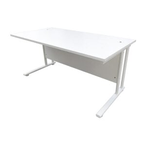 a white office desk with metal legs and vanity board