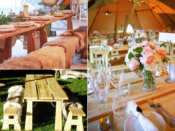 rustic wooden tables in various environments