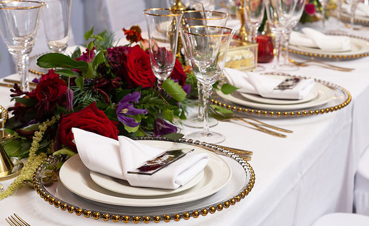 Gold beaded glass plates for aspirational weddings & events