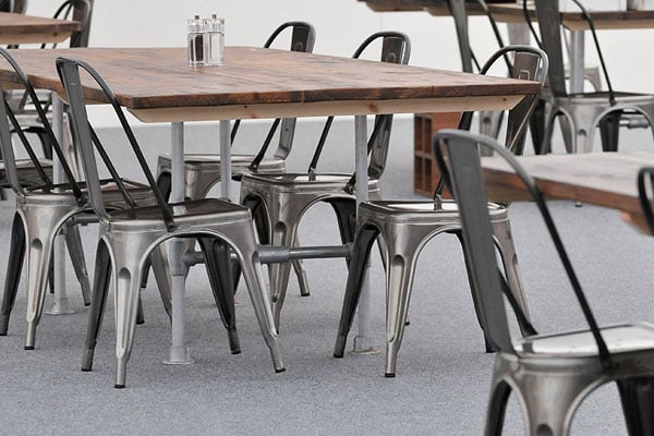 Scaffold dining tables & Tolix chairs