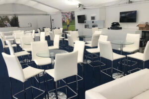 Stools & glass poseur tables create professional spaces