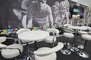 White poseur tables & Rebus stools are the ideal match