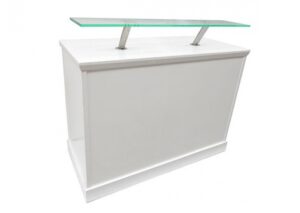 White reception desk with perspex shelf