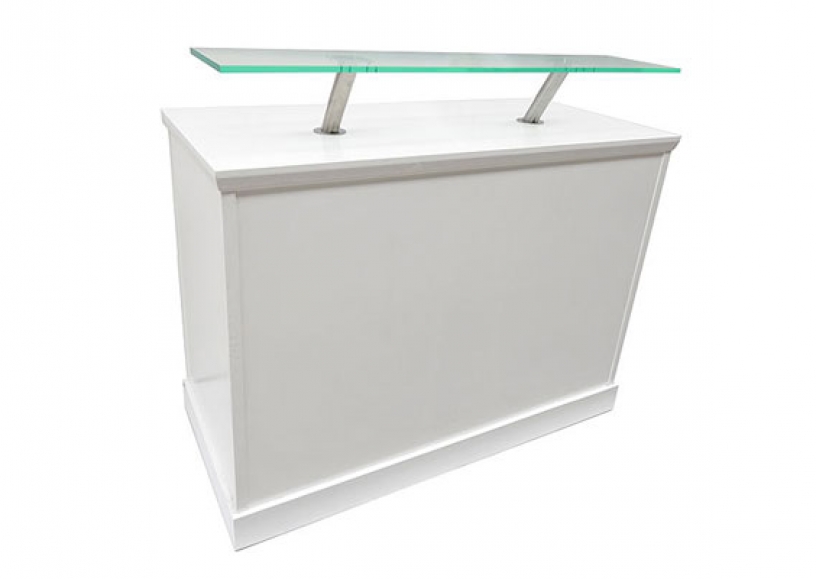 White reception desk with perspex shelf