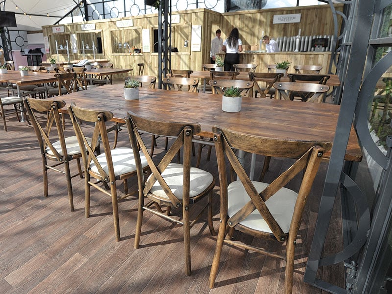 vintage rustic with cross back chairs and scaffold dining tables