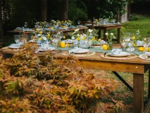 What should I consider when choosing tables for an outdoor wedding?